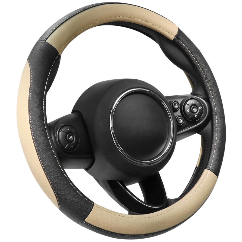 SEG Direct Car Steering Wheel Cover for Prius Civic Model 3 Model Y Camaro, Small Size 14-14.25 inch, Black and Beige Microfiber Leather - Image 1